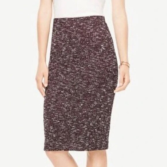 ANN TAYLOR Factory Burgundy Maroon or Plum White Tweed Work Pull On Pencil Skirt - Picture 3 of 11